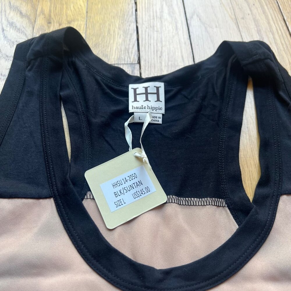 Haute Hippie size L NEW Beige Black Colorblock Scoop Neck Sleeveless Tank Top - Picture 6 of 12